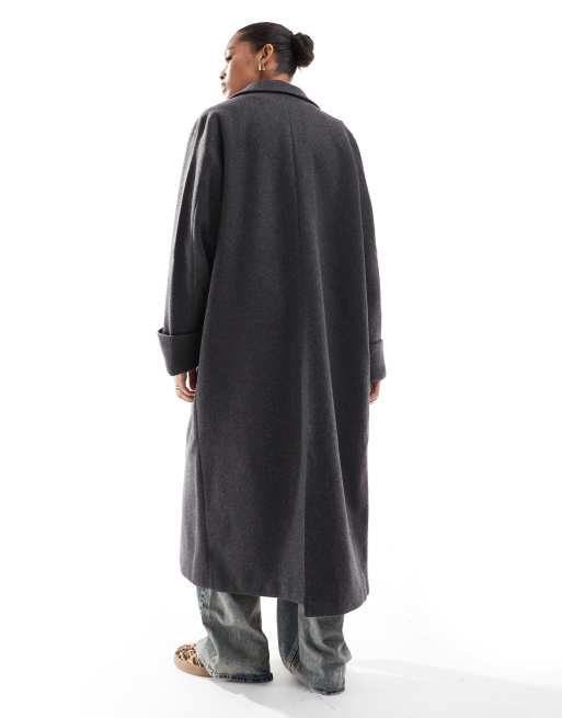 Noisy May faux wool maxi overcoat in dark gray melange