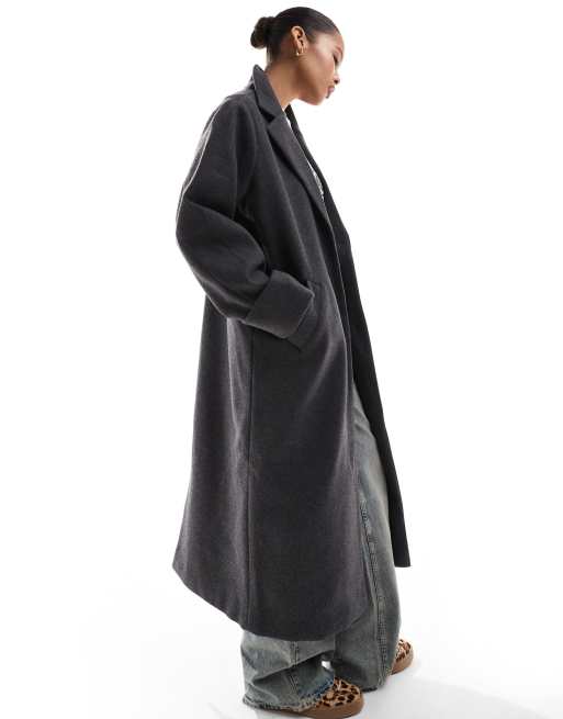 Noisy May faux wool maxi overcoat in dark gray melange