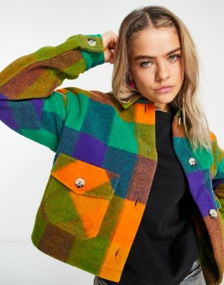 Noisy May wool mix cropped shacket in colourful check