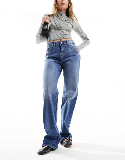 Noisy May Yolanda mid rise straight leg jeans in mid wash blue