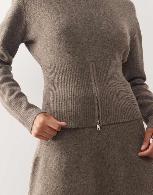 Noisy May zip detail knitted jumper co-ord in light brown melange, 3 of 4