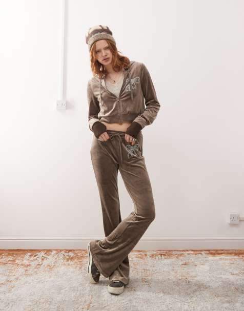 Noisy May zip through cropped velour hoodie co-ord in mink - view 1