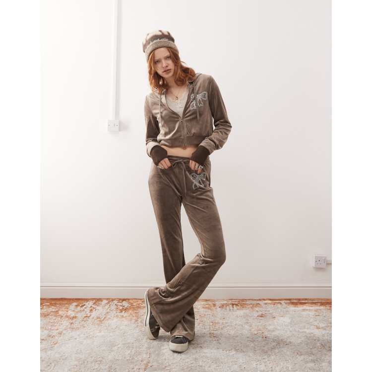 Noisy May zip through cropped velour hoodie co-ord in mink