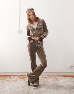 zip through cropped velour hoodie in mink - part of a set-Brown