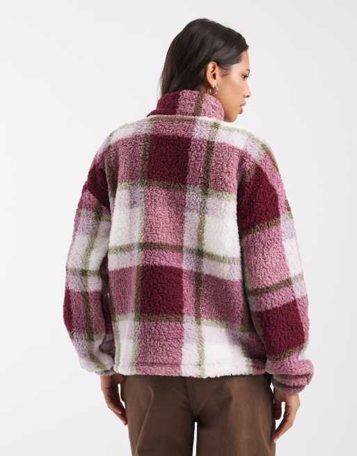 Noisy May zip through fleece in burgundy and cream check, 2 of 4