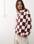 [Noisy May] Noisy May zip-through fleece jumper in burgundy checkerboard-Red XS Windsor wine