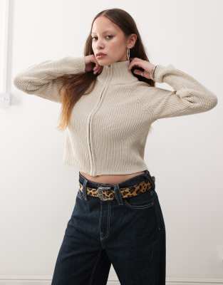 Noisy May Noisy May zip through funnel neck knitted cardigan in beige-Neutral