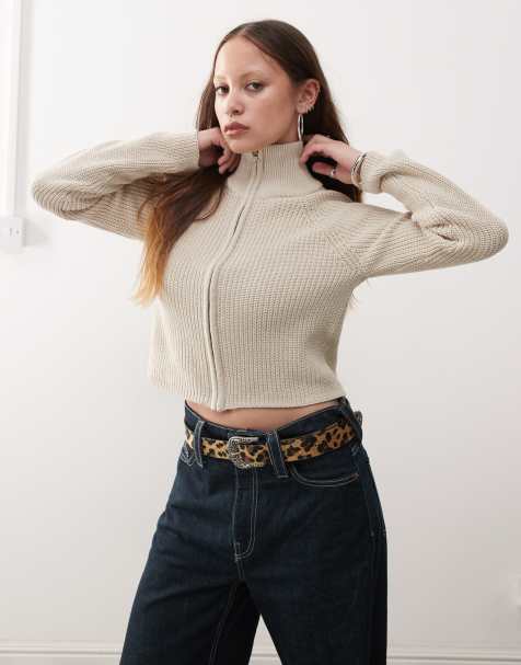 Noisy May zip through funnel neck knitted cardigan in beige - view 1