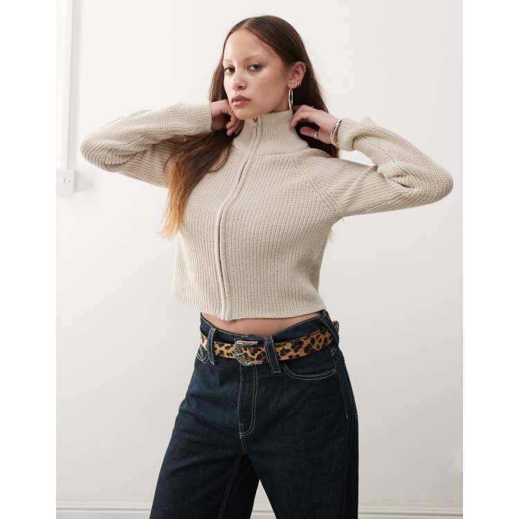 Noisy May zip through funnel neck knitted cardigan in beige | ASOS