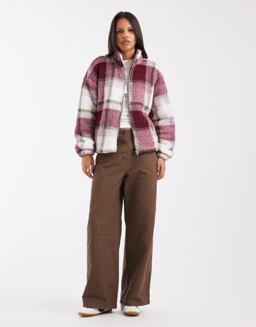 Noisy May zip up fleece in burgundy and cream plaid, 3 of 4