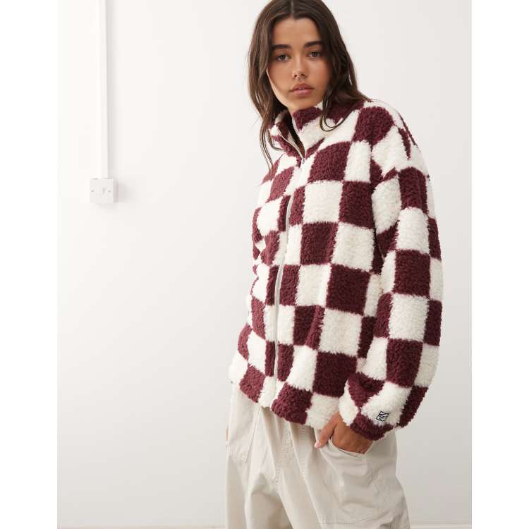 Noisy May zip up fleece in burgundy checkerboard | ASOS