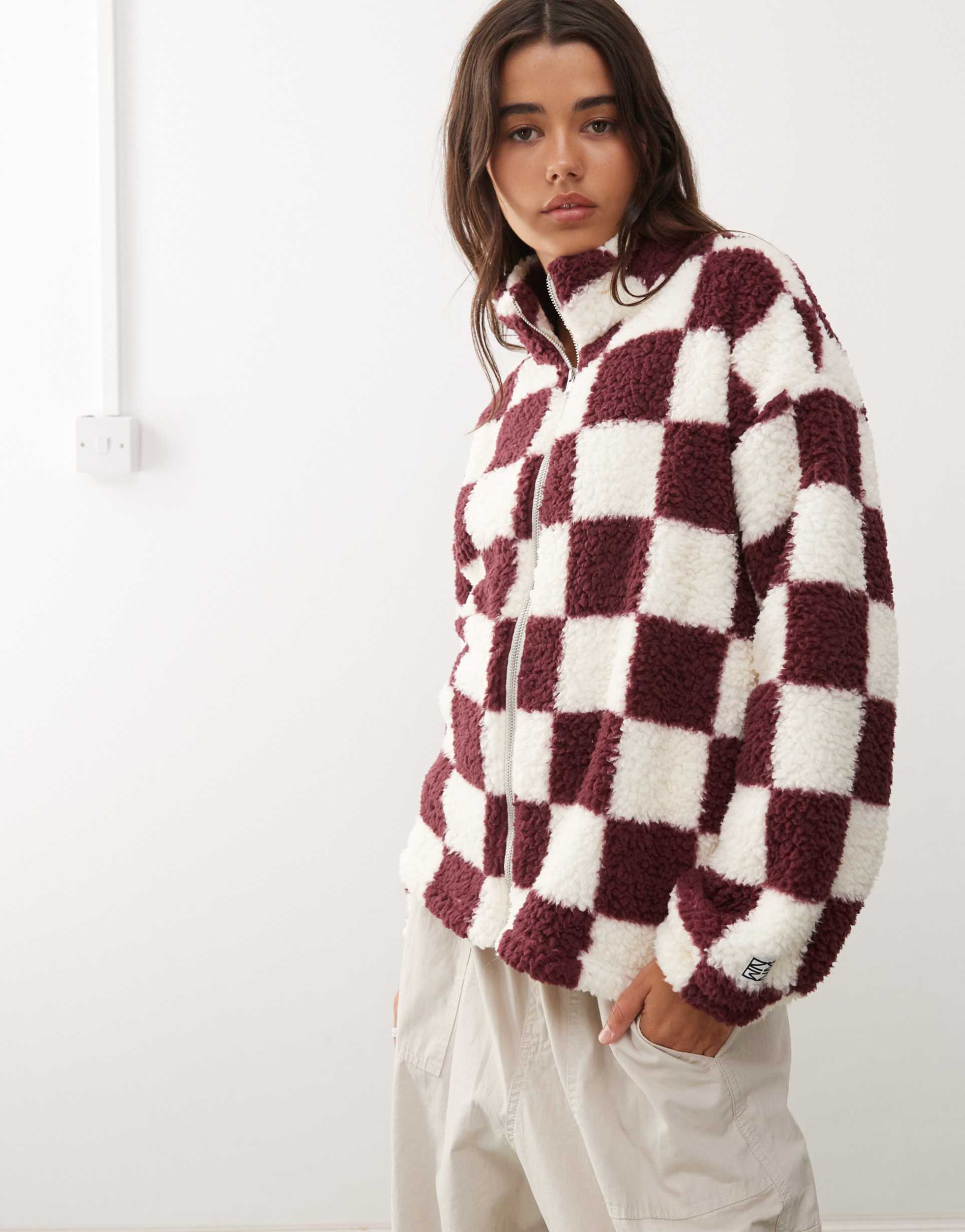 noisy may zip up fleece in burgundy checkerboard