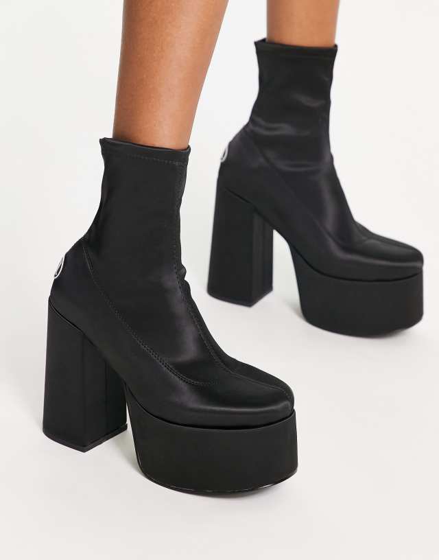 NOKWOL Ellie platform ankle boots in black satin