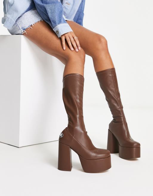 NOKWOL Emmie platform knee boots in chocolate brown | ASOS