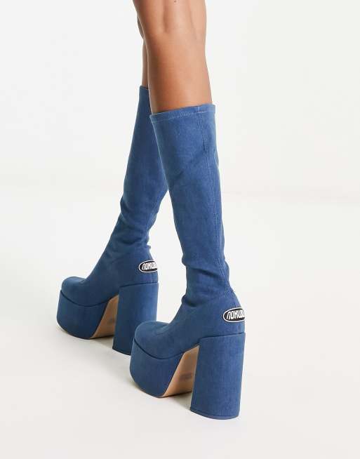 NOKWOL Emmie platform knee boots in denim