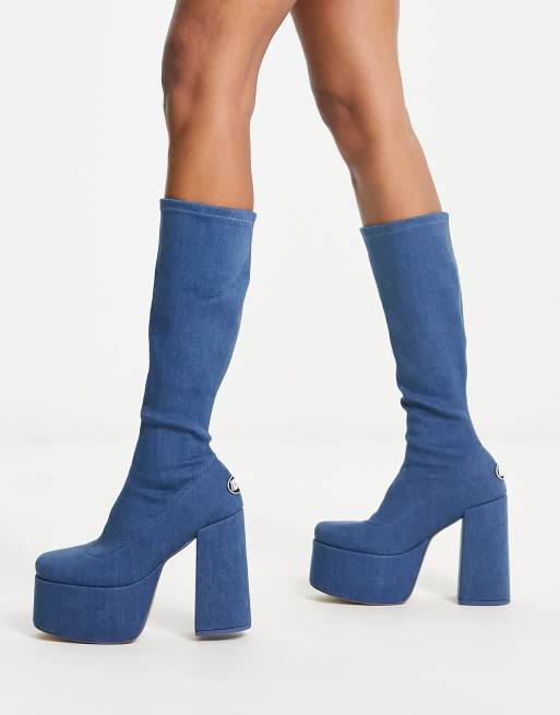 NOKWOL Emmie platform knee boots in denim