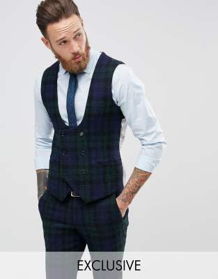 Noose & Monkey Harris Tweed Super Skinny Waistcoat In Tartan