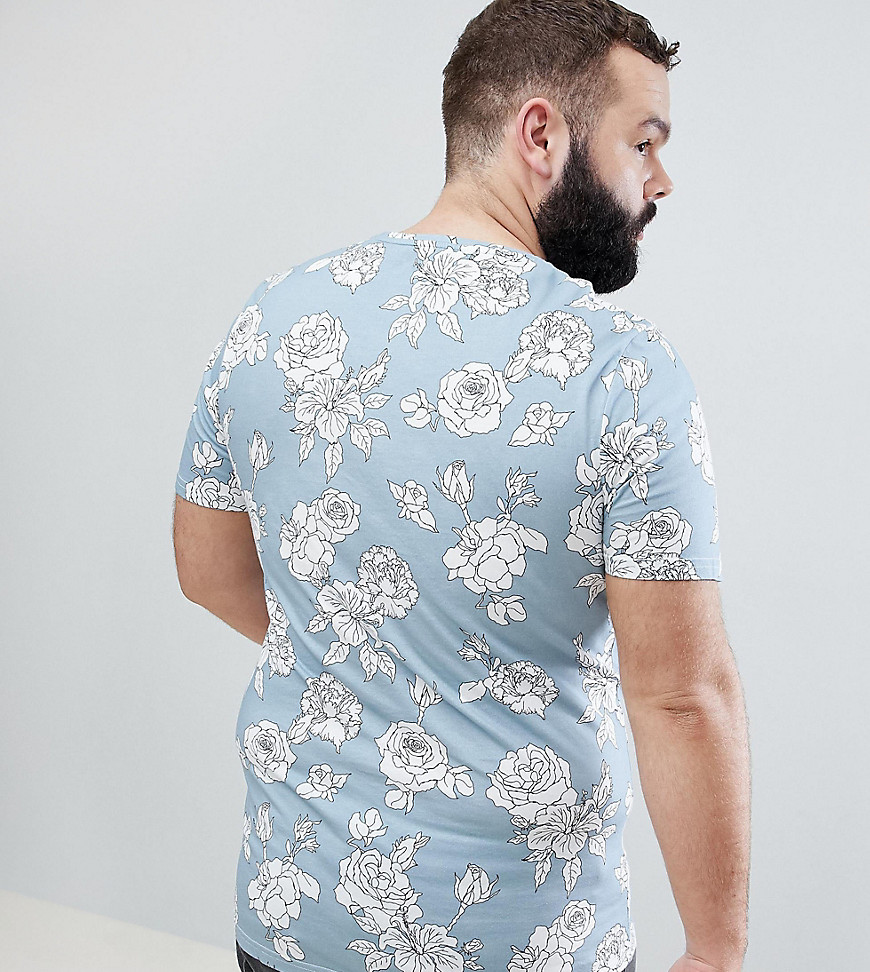 Noose & Monkey – Lång, blommig t-shirt i muscle-passform-Blå