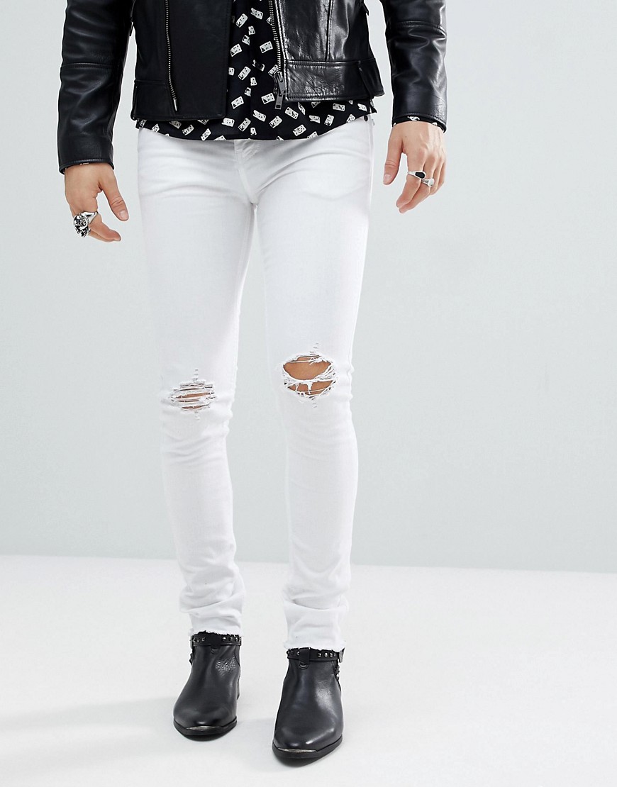 Noose & Monkey Super Skinny Distressed Jeans in White with Raw Hem