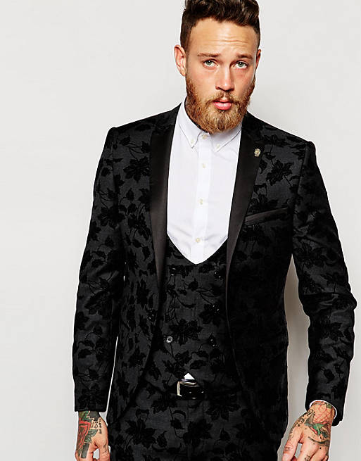 Noose & Monkey Tuxedo Suit Jacket with Stretch And Floral Flocking In ...