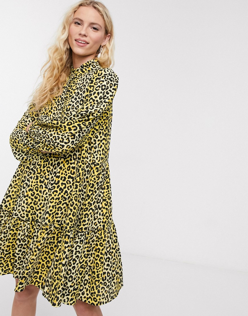 Notes Du Nord – Olivia – Gul, leopardmönstrad skjortklänning i minimodell