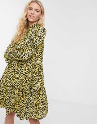 Notes Du Nord olivia leopard print mini shirt dress in lemon leopard-Yellow