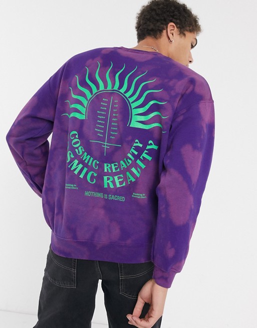 Nothing is Sacred cosmic reality sweater with turquoise print in purple tie dye