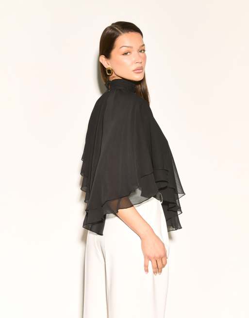 Noughts & Kisses Alma chiffon high neck layered ruffle cape top in black, 2 of 4
