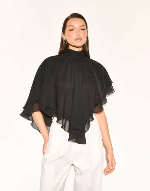 Noughts & Kisses Alma chiffon high neck layered ruffle cape top in black, 4 of 4