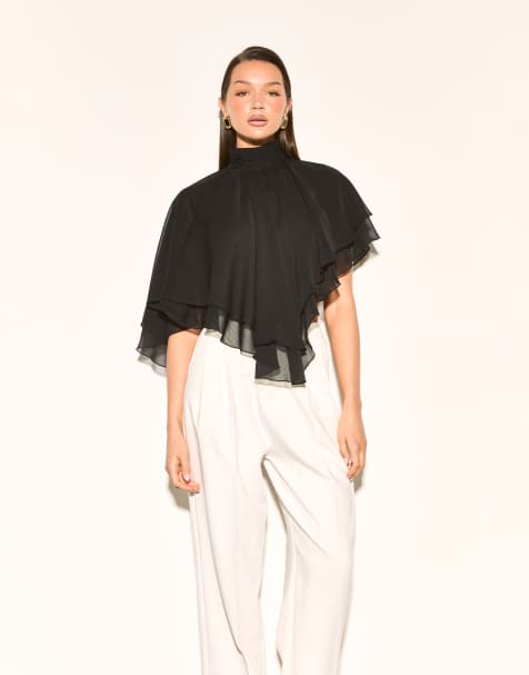 Noughts & Kisses Alma chiffon high neck layered ruffle trim cape top in black - view 1