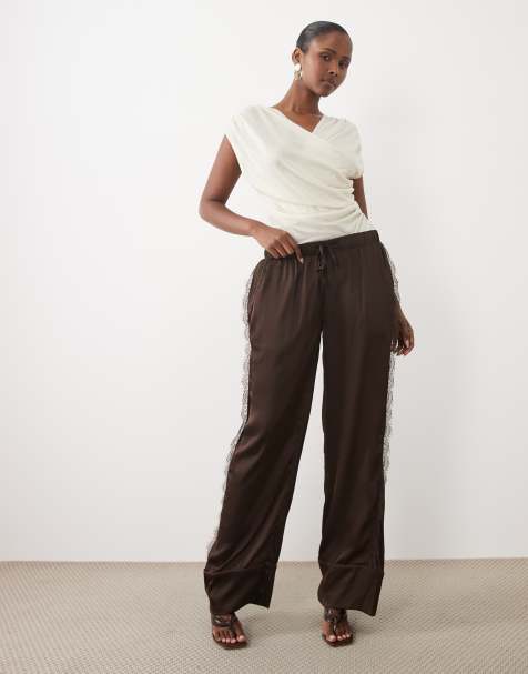 Noughts & Kisses Arela satin tie waist lace side trim detail wide leg pants in chocolate - view 1