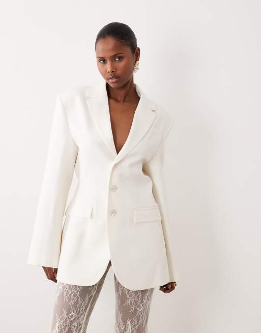 Noughts & Kisses - Blazer d'ensemble long et ajusté à taille cintrée de qualité supérieure - Crème, 2 de 5