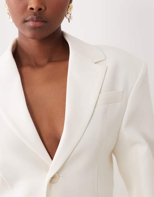 Noughts & Kisses - Blazer d'ensemble long et ajusté à taille cintrée de qualité supérieure - Crème, 4 de 5