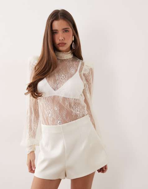 Noughts & Kisses - Blouse d'ensemble en dentelle à col montant et manches bouffantes - Crème - view 1