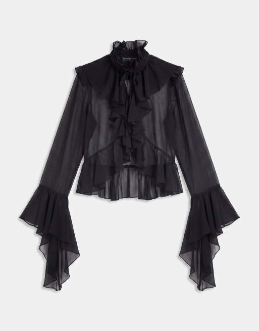 Noughts & Kisses blouse en mousseline à volants extrêmes, lien devant, manches drapées, ensemble coordonné noir, 5 de 8