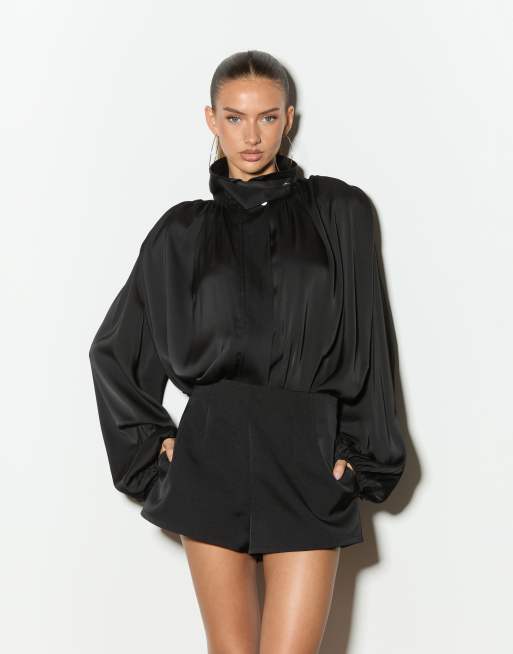 Noughts & Kisses Celeste satin funnel neck drape detail top in black, 3 of 4