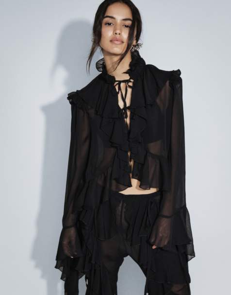 Noughts & Kisses chiffon blouse met extreme ruches, strik aan de voorkant en gedrapeerde mouwen in zwart, co-ord set - view 1