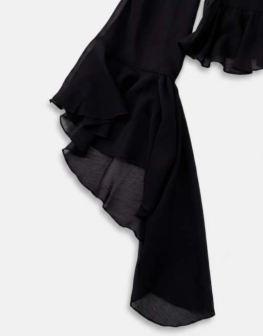 Noughts & Kisses chiffon bluse med ekstra flæser, bindebånd foran og draperede ærmer i sort, del af sæt, 8 af 8