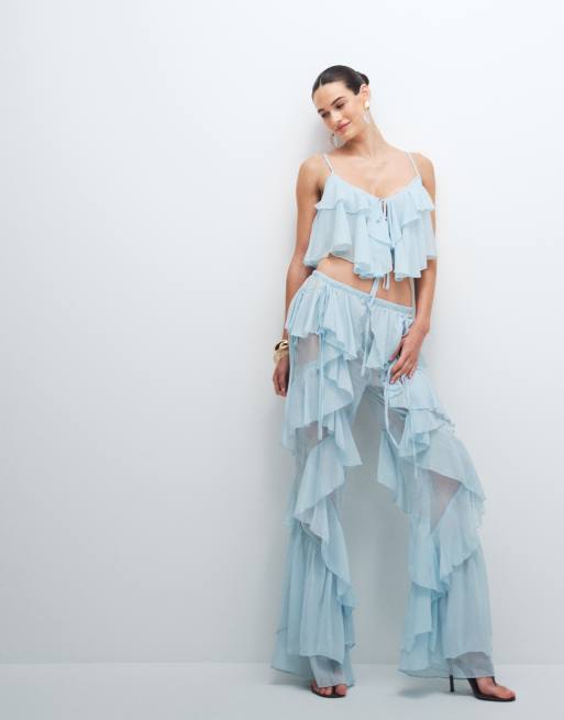 Noughts & Kisses chiffon extreme ruffle cropped cami top co-ord in soft blue, 2 of 7