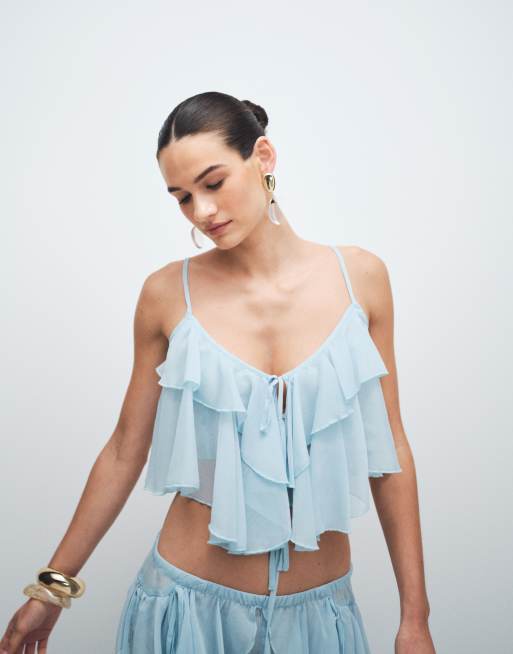 Noughts & Kisses chiffon extreme ruffle cropped cami top co-ord in soft blue, 3 of 7