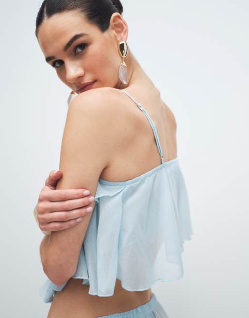 Noughts & Kisses chiffon extreme ruffle cropped cami top co-ord in soft blue, 4 of 7