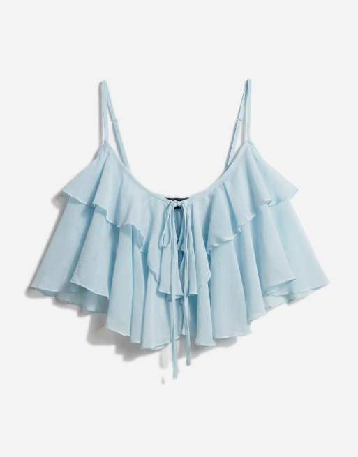 Noughts & Kisses chiffon extreme ruffle cropped cami top co-ord in soft blue, 5 of 7