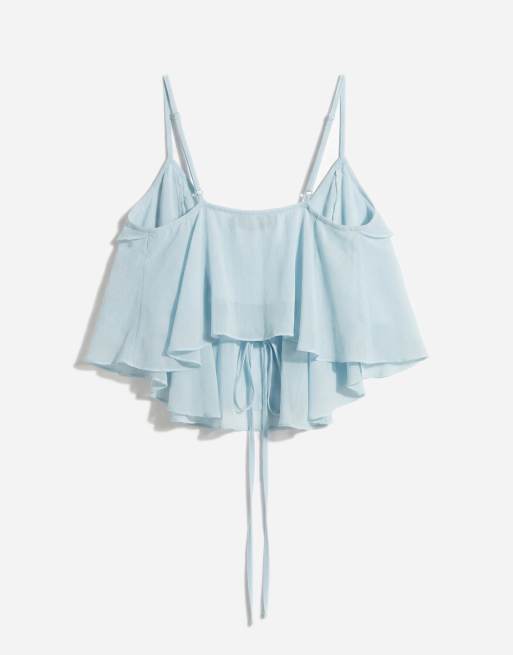 Noughts & Kisses chiffon extreme ruffle cropped cami top co-ord in soft blue, 6 of 7