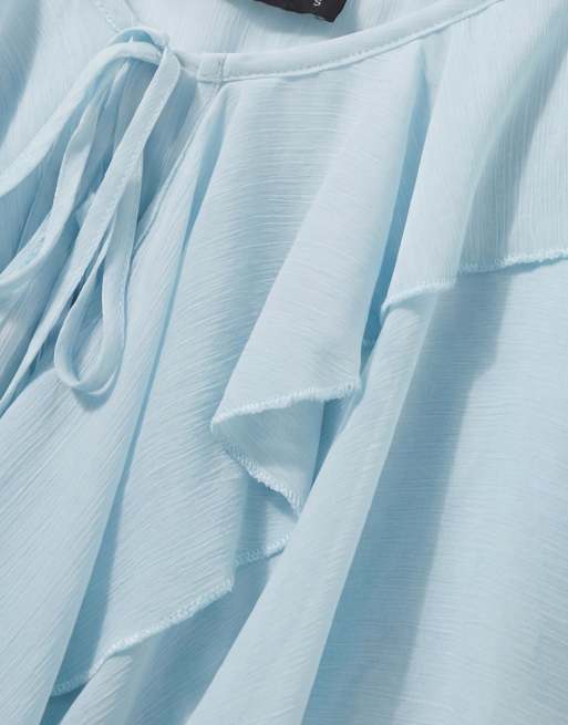 Noughts & Kisses chiffon extreme ruffle cropped cami top co-ord in soft blue, 7 of 7