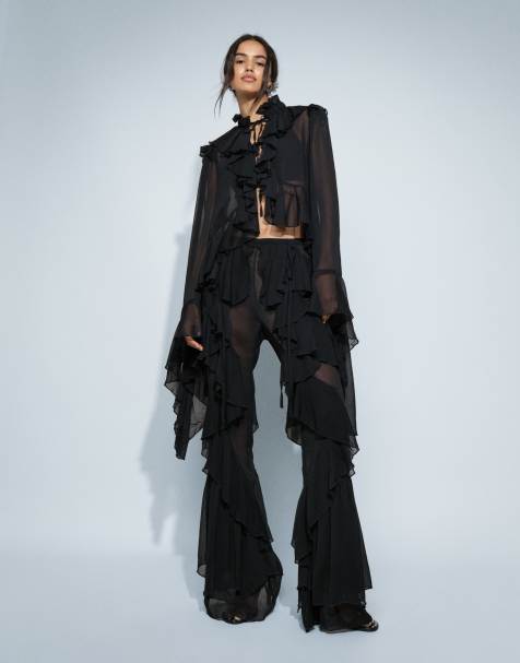 Noughts & Kisses chiffon extreme ruffle detail wide leg pants in black - part of a set - view 1