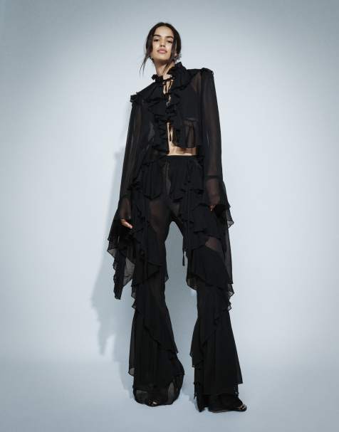 Noughts & Kisses chiffon extreme ruffle detail wide leg trouser co-ord in black - view 1