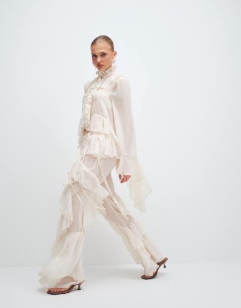 Noughts & Kisses chiffon extreme ruffle detail wide leg trouser co-ord in cream - view 1