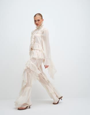 Noughts & Kisses Chiffon Extreme Ruffle Detailing Wide Leg Pants In Neutral
