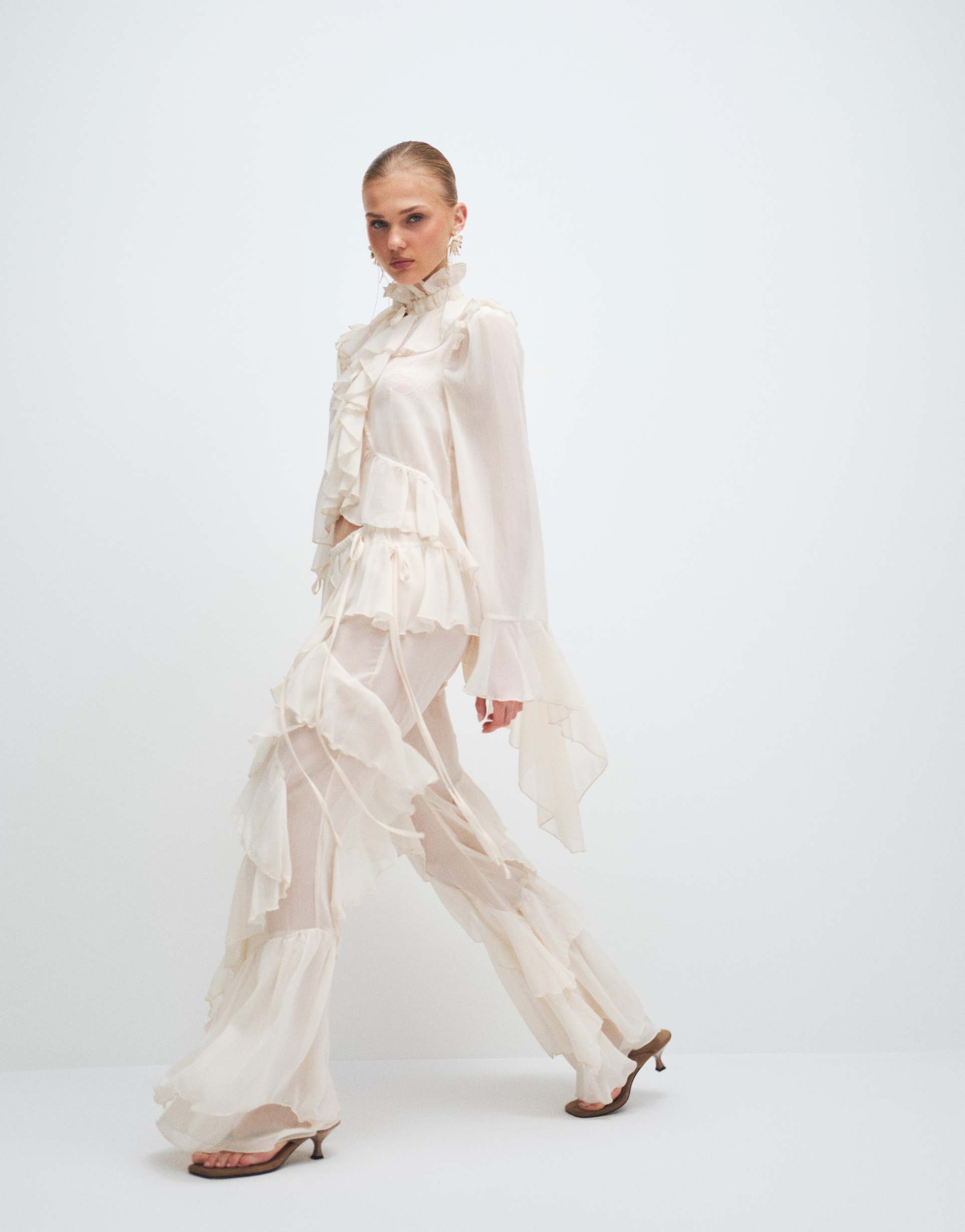 noughts & kisses chiffon extreme ruffle detailing wide leg pants in cream - part of a set