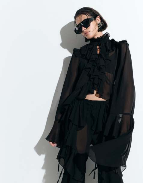 Noughts & Kisses chiffon extreme ruffle tie front drape sleeve blouse co-ord in black - view 1